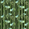 Bamboo forest with stems, leaves and branches, with blue dragonflies on a dark background. Hand-drawn watercolor