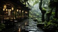 Bamboo Forest Tea Room Misty Rain Slate Path Beautiful Artistic of Bamboo Forests on Both Sides Background