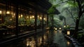 Bamboo Forest Tea Room Misty Rain Slate Path Beautiful Artistic of Bamboo Forests on Both Sides Background