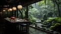 Bamboo Forest Tea Room Misty Rain Slate Path Beautiful Artistic of Bamboo Forests on Both Sides Background