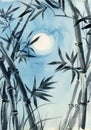 Bamboo Forest under the moon Background. Watercolor illustration Royalty Free Stock Photo