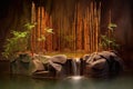 bamboo fountain dripping water on rocks