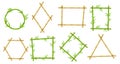 Bamboo frames. Brown bamboo sticks border frame, wooden and green shapes with leaves isolated vector illustration set Royalty Free Stock Photo