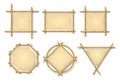 Bamboo frames. Chinese wooden stick signs with blank papyrus banners. Old billboard isolated vector set