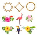 Bamboo frames with flamingo,toucan, and flowers, vector illustration on a white background