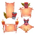 Bamboo frames with tiki mask, parchments and torch