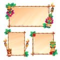 Bamboo frames with tiki mask, parchments and torch