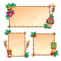 Bamboo frames with tiki masks, old parchment and burning torches, tribal wooden totems, hawaiian or polynesian style borders
