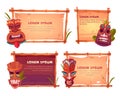 Sign boards with bamboo frames and tiki masks