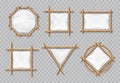 Bamboo frames with white canvas. Chinese bamboo signs with blank textile banners. Isolated vector set