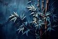 Bamboo illustration on blue concrete grunge wall. Generative AI, Generative, AI Royalty Free Stock Photo