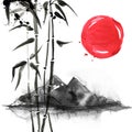 Bamboo in Japanese style. Watercolor hand painting illustration Royalty Free Stock Photo