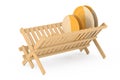 Bamboo Kitchen Dish Drying Rack with Plates and Mugs. 3d Rendering