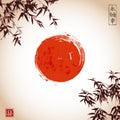 Bamboo leaves and red sun.