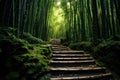 Bamboo-made walkway snaking through a Japanese timberland. Generate Ai