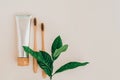 Bamboo natural toothbrushes, toothpaste and fresh leaves on pale background. Zero waste and plastic free concept