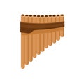 Bamboo pan flute from bound cylindrical pipes. Wooden panpipes. Folk Latin music instrument. Colored flat vector