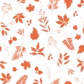 Autumn orange leaves silhouettes seamless vector pattern with white background.