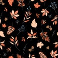 Autumn leaves seamless vector pattern with black background.