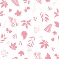 Autumn pink leaves silhouettes seamless vector pattern with white background.