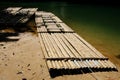 Bamboo raft floats over the clear river in the forest Royalty Free Stock Photo