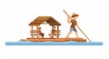 Bamboo Raft Traditional Water Transportation In Villages Illustration Vector
