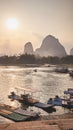 Bamboo rafts at Li River bank in Xingping at sunset, China Royalty Free Stock Photo