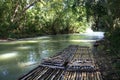 Bamboo rafts prepared & ready for a popular tourist day trip on the Martha Brae river, Falmouth, Jamaica. Close to Montego Bay. Royalty Free Stock Photo