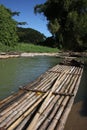 Bamboo rafts prepared & ready for a popular tourist day trip on the Martha Brae river, Falmouth, Jamaica. Close to Montego Bay. Royalty Free Stock Photo