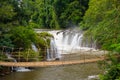 The bamboo rope bridge in Tad Pha Souam waterfall, Laos. Royalty Free Stock Photo