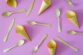 Bamboo spoon and fork  on pink or violet background Royalty Free Stock Photo