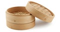 Bamboo steamer baskets consisting of two cylindrical layers and a lid. Each layer is Royalty Free Stock Photo
