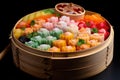 bamboo steamer filled with colorful dim sum