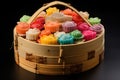 bamboo steamer filled with colorful dim sum