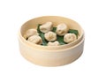 Bamboo steamer with leaves and tasty baozi dumplings on white Royalty Free Stock Photo