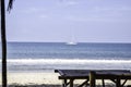 Bamboo table and chair by the sea for seat to see view And yacht in sea