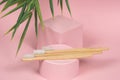 Bamboo tooth brushes on pink podium with green bamboo leaves