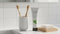 bamboo toothbrush herbal toothpaste minimal bathroom setup 4k ai Royalty Free Stock Photo