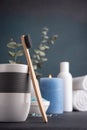 Bamboo toothbrush, towels and other bathroom accessories Royalty Free Stock Photo