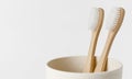 Bamboo toothbrushes in eco cup on white background. Copy space, close up. Ecological materials Royalty Free Stock Photo