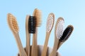 Bamboo toothbrushes in holder on light blue background, closeup Royalty Free Stock Photo