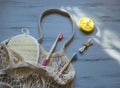 Bamboo toothbrushes and sticks, reusable discs, loofah washcloth Royalty Free Stock Photo