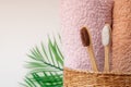 Bamboo toothbrushes with towels in a wicker wooden basket and palm leaves with copy space on white background. Spa, healthy lifest Royalty Free Stock Photo