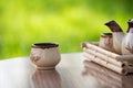 Bamboo tray, patterned teapot and cups in garden. Blurry green background Royalty Free Stock Photo