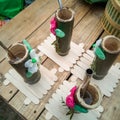 Bamboo Tubes and Metal Straws for Fresh Fruit Juice. Recycling, sustainable and natural concept