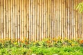 Bamboo wood wall fence texture with space and nature flower in garden background Royalty Free Stock Photo