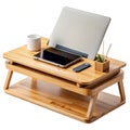 Bamboo writing desk with built in wireless charging cable organizer Royalty Free Stock Photo