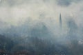 A Bamford Edge digital oil painting of trees and mist in the Peak District, UK