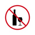 Ban Alcohol Black Silhouette Icon. Drink Alcohol Forbidden Pictogram. Wine Bottle and Glass Red Stop Sign. Dry January