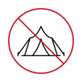 Ban Camping Tent Black Line Icon. Warning Forbid Tourism Adventure Tent Pictogram. Camping Stop Outline Symbol. No